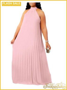 Plus Size Halter Neck Sleeveless Pleated Maxi Dress
